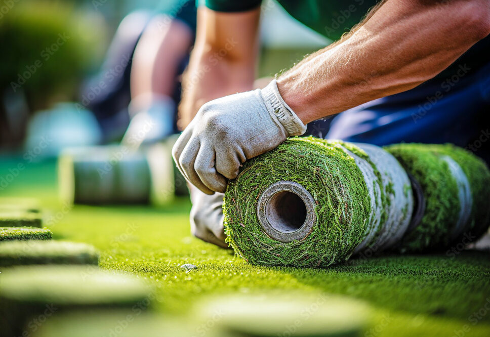 Defocused Closeup of gardener installing artificial turf in garden. gardening concept. Questions to Turf Installers